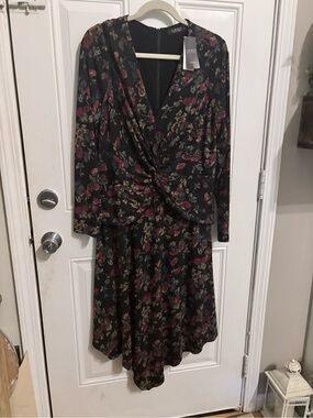 Ralph Lauren Black Long-Sleeve Floral Twist-Waist Dress